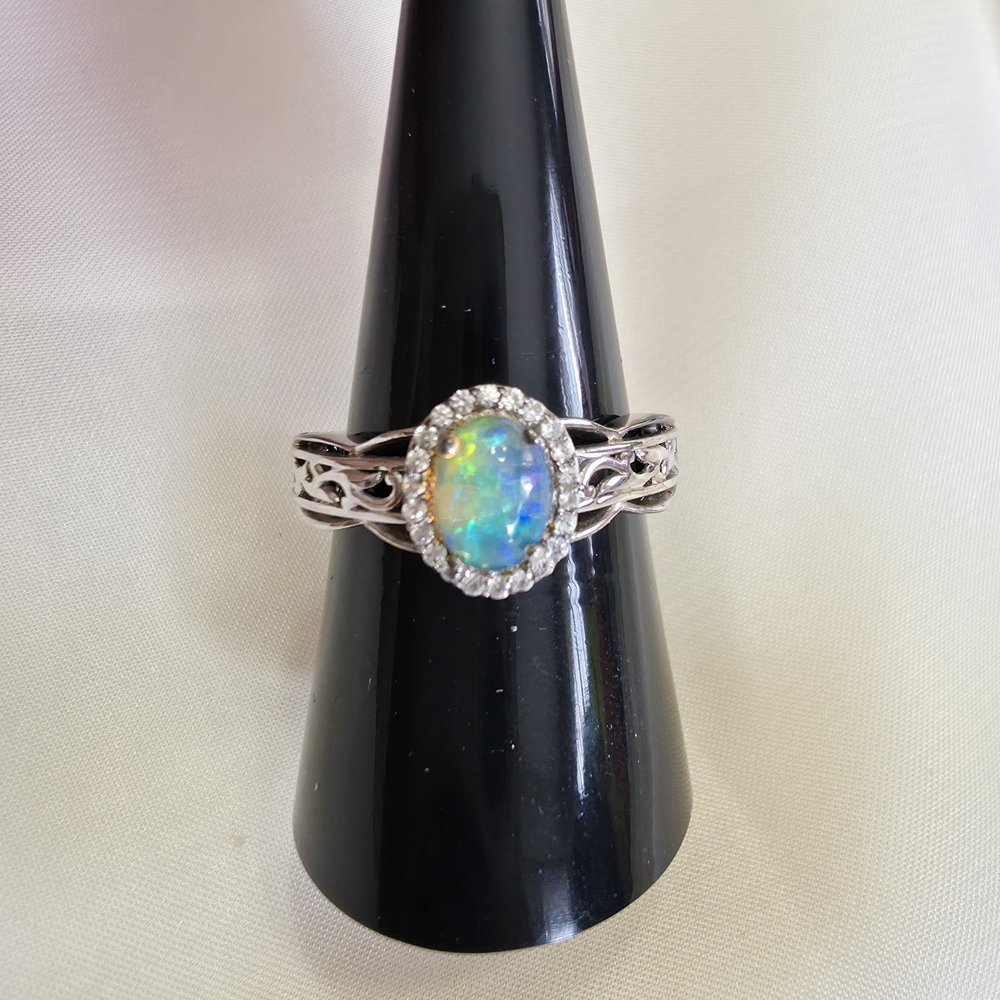 Ethiopian Welo Opal, Cambodian Zircon, Sterling Silver Ring Size 8